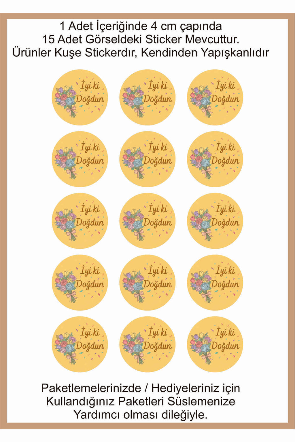 Doğum Günü tebrik sticker seti, 4x4 cm 15 adet Etiket seti