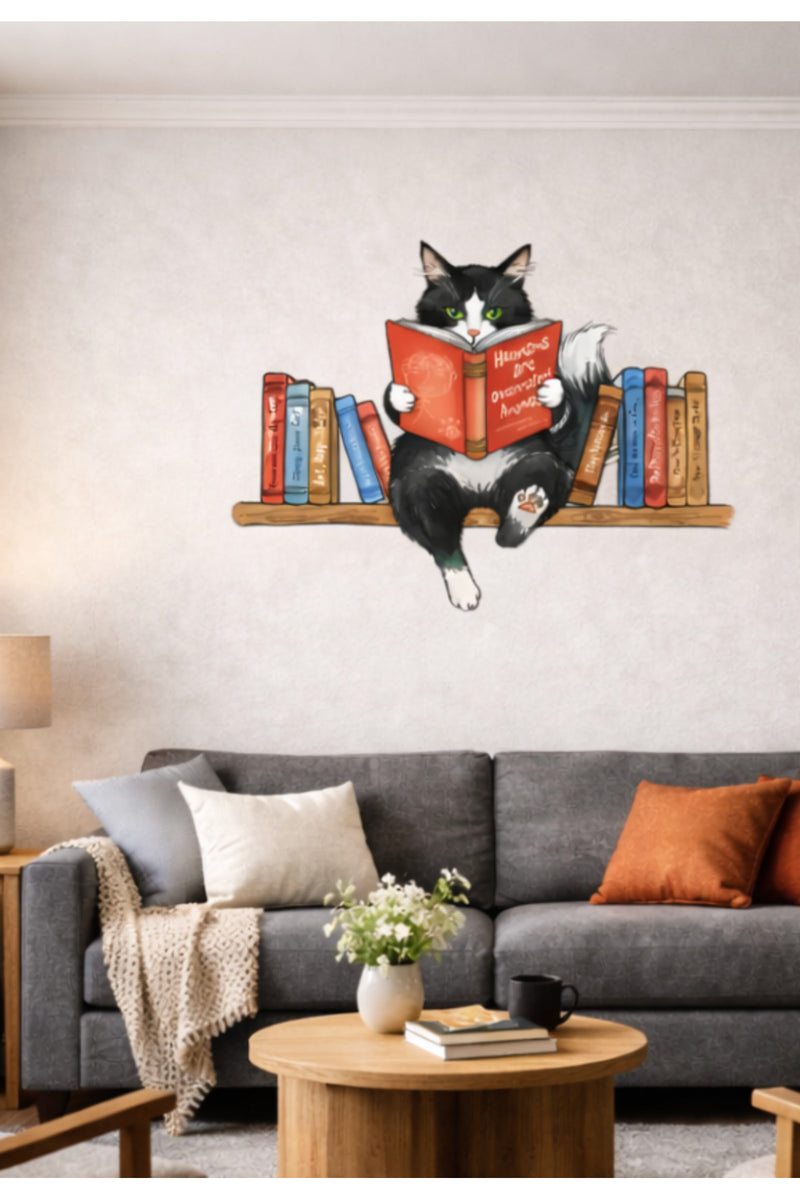 Rafta Kitap Okuyan Kara Kedi Dekoratif Duvar Sticker