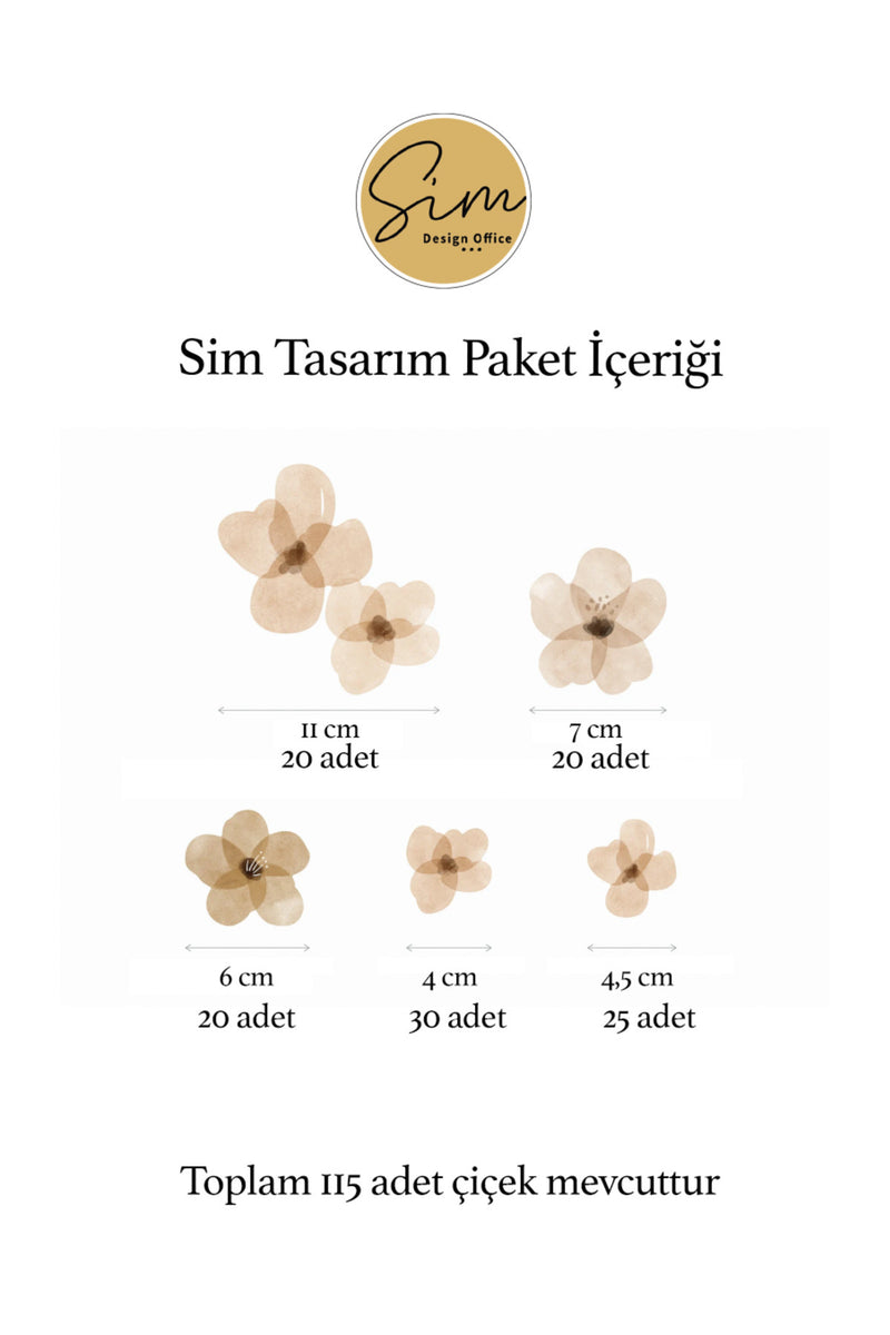 Açık Kahverengi Çiçekler Çiçek Duvar Dekorasyon Sticker Seti