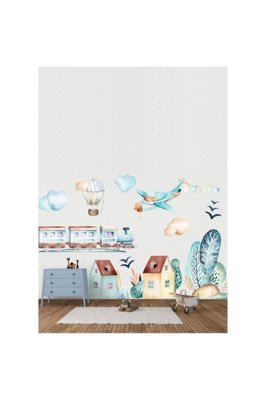 Dreamwallart Uçak Ve Evler Duvar Sticker Seti Renkli