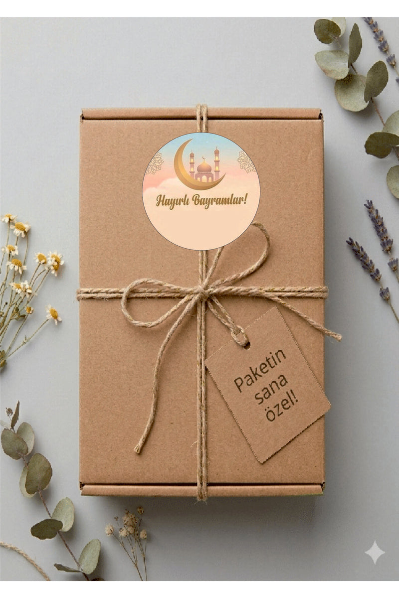 Hayırlı Bayramlar yazılı, Paketleme Kutularına Özel Tasarım Etiketler 4 cm Çapında 15 Adet Etiket