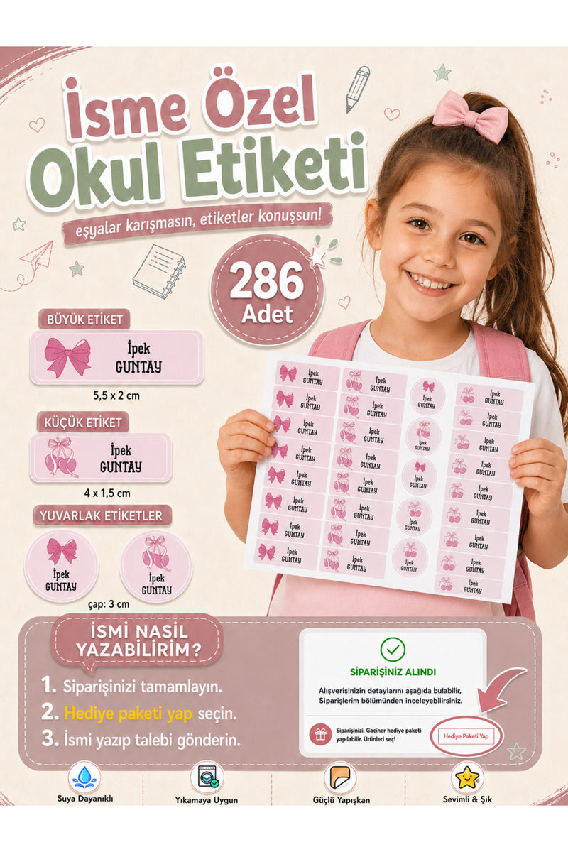 Okul Etiketi Pembe Kurdele Temalı Kalem Defter Etiketi Özel İsim Yazılabilen Etiket 286 Adet İsim Etiketi