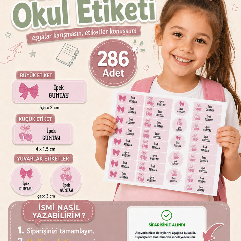 Okul Etiketi Pembe Kurdele Temalı Kalem Defter Etiketi Özel İsim Yazılabilen Etiket 286 Adet İsim Etiketi