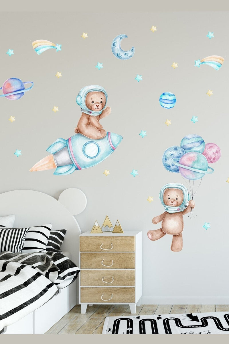Sım376 Astronot Ayıcıklar Ve Gezegenler Uzay Tema Çocuk Odası Duvar Sticker Seti