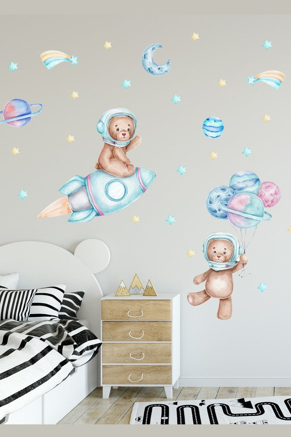Sım376 Astronot Ayıcıklar Ve Gezegenler Uzay Tema Çocuk Odası Duvar Sticker Seti