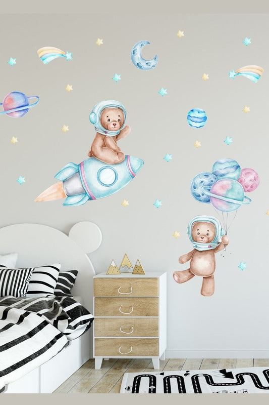 Sım376 Astronot Ayıcıklar Ve Gezegenler Uzay Tema Çocuk Odası Duvar Sticker Seti