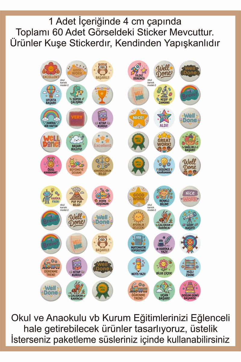 Ödev ve Paketlemeriniz için Etiketler , Öğretmenler için Harika Sticker Setleri 4 CM 60 ADET