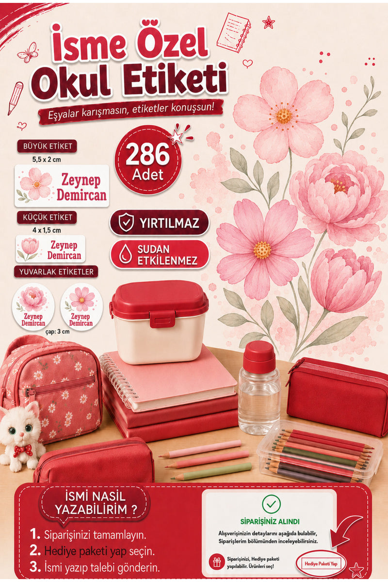 Çiçek Tema Okul Etiketi Kalem Defter Etiketi Özel İsim Yazılabilen Etiket 286 Adet İsim Etiketi