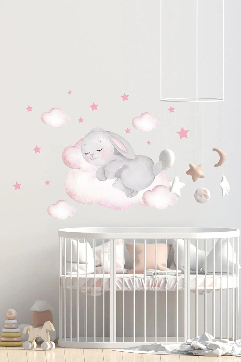 Bulutta Uyuyan Minik Tavşan Duvar Sticker Seti