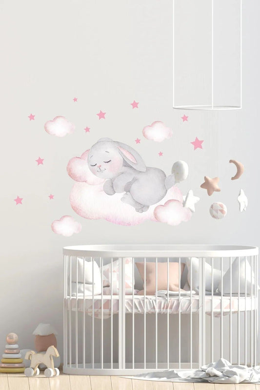Bulutta Uyuyan Minik Tavşan Duvar Sticker Seti