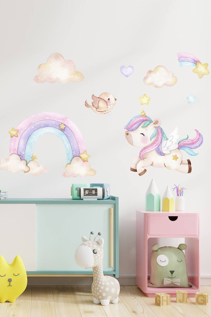 Pastel Unicorn - Gökkuşağı Kuşlar Ve Kalpler Duvar Sticker Seti - Sim756