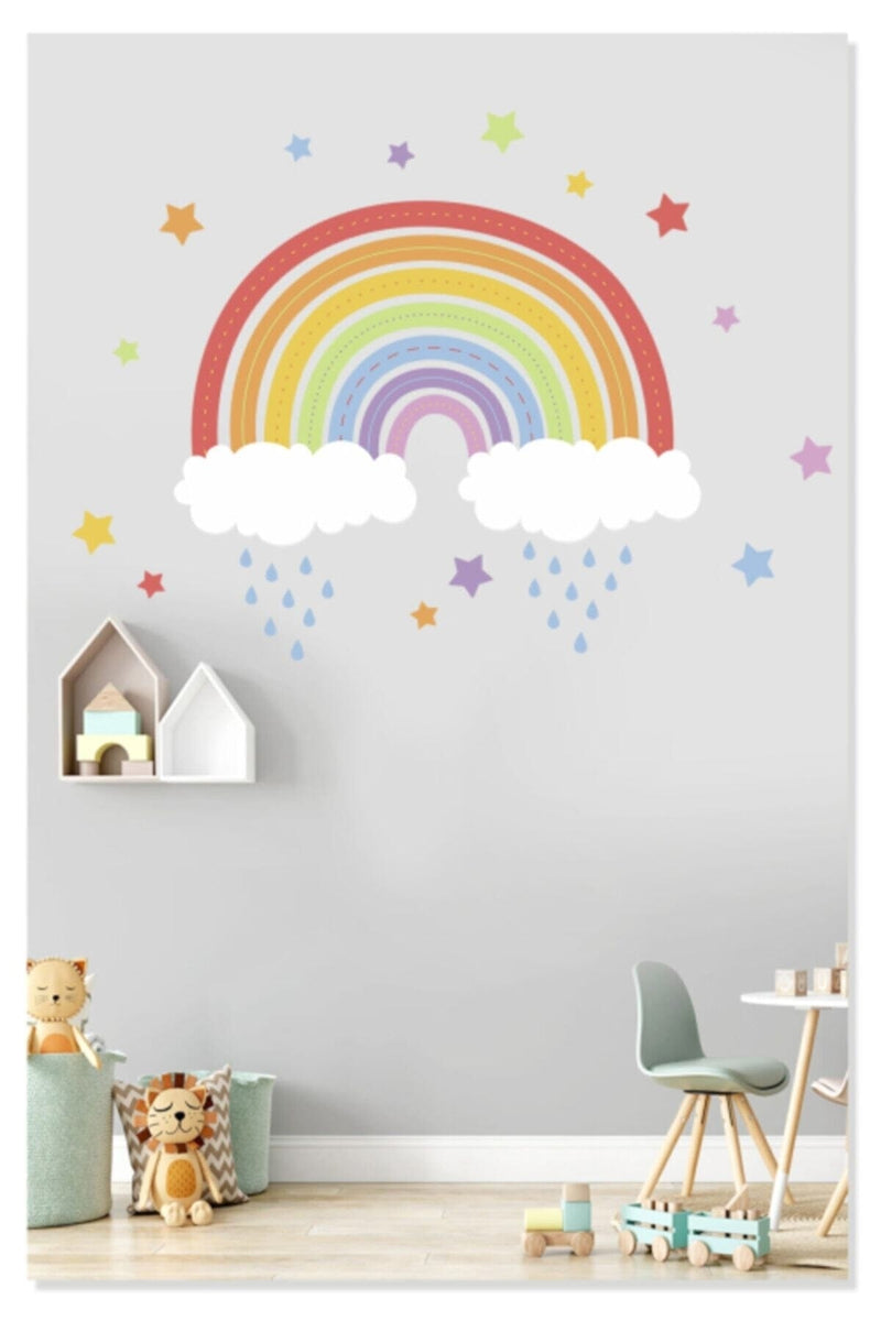Gökkuşağı Renkli Yıldızlar Bulutlar Ve Yağmur Çocuk Odası Duvar Sticker