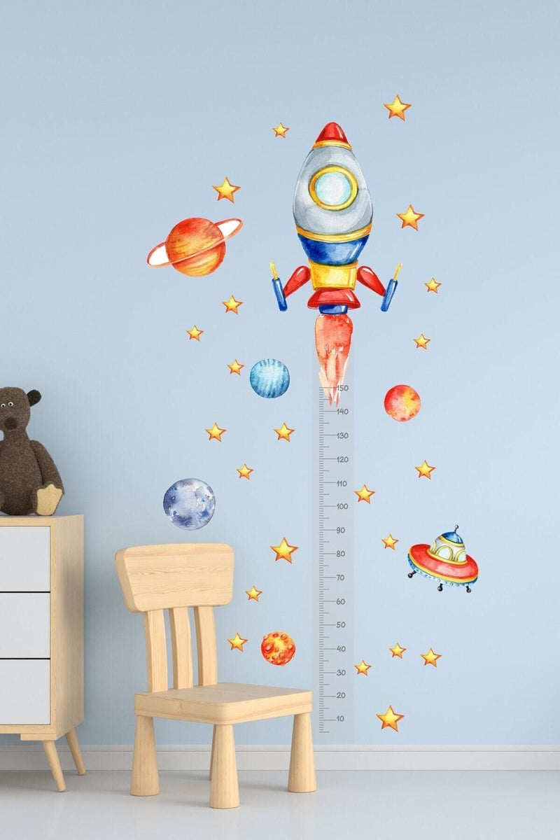 Boy Ölçer Uzay Roket Temalı Çocuk Odası Duvar Dekorasyon Sticker Seti
