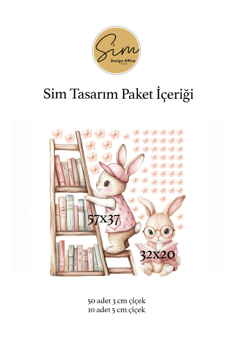 Kütüphanede Kitap Okuyan Sevimli Tavşanlar Dekoratif Duvar Sticker Seti