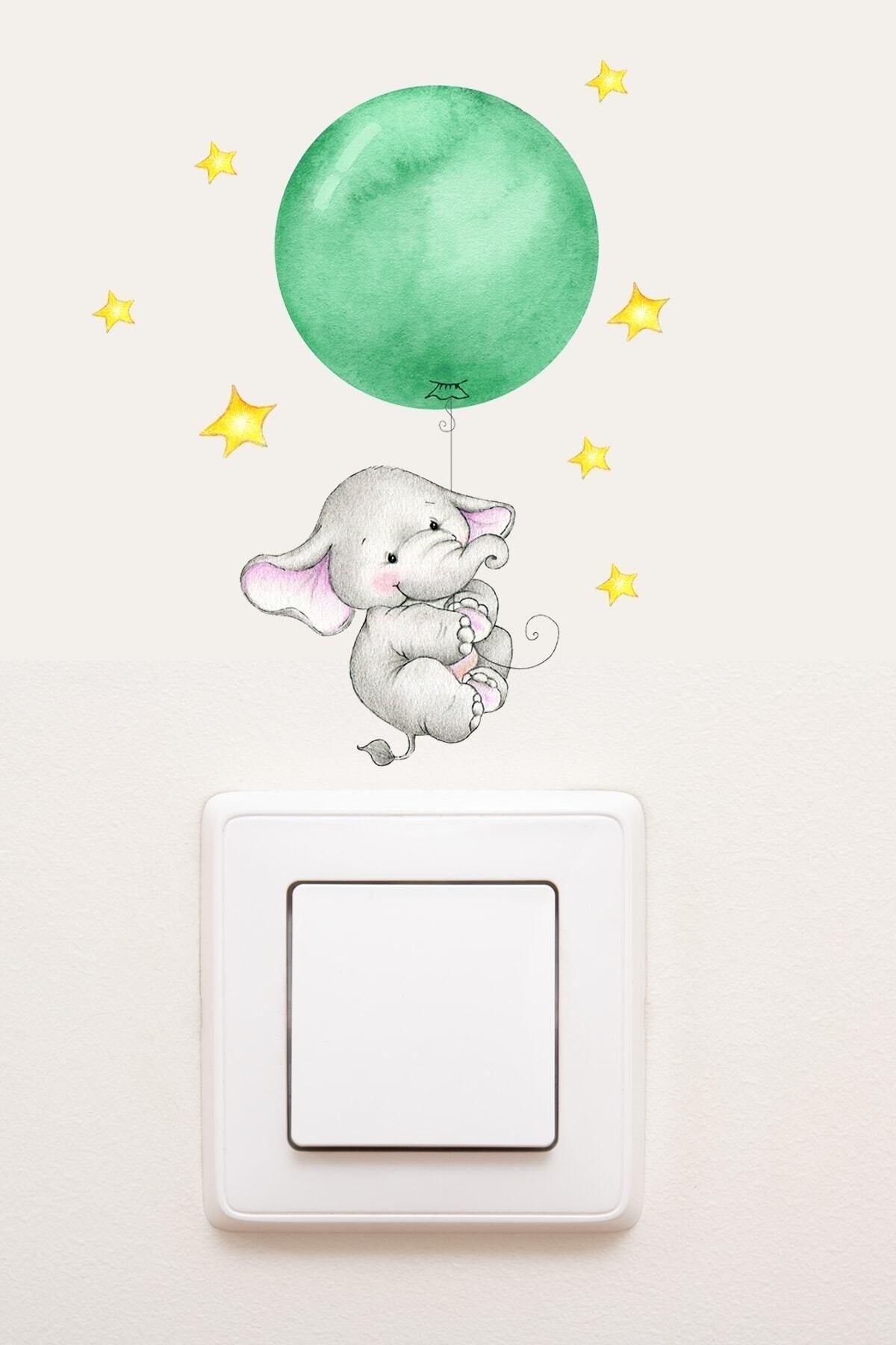 - Priz - Yeşil Balonlu Fil Dekoratif Priz Sticker - Sim733