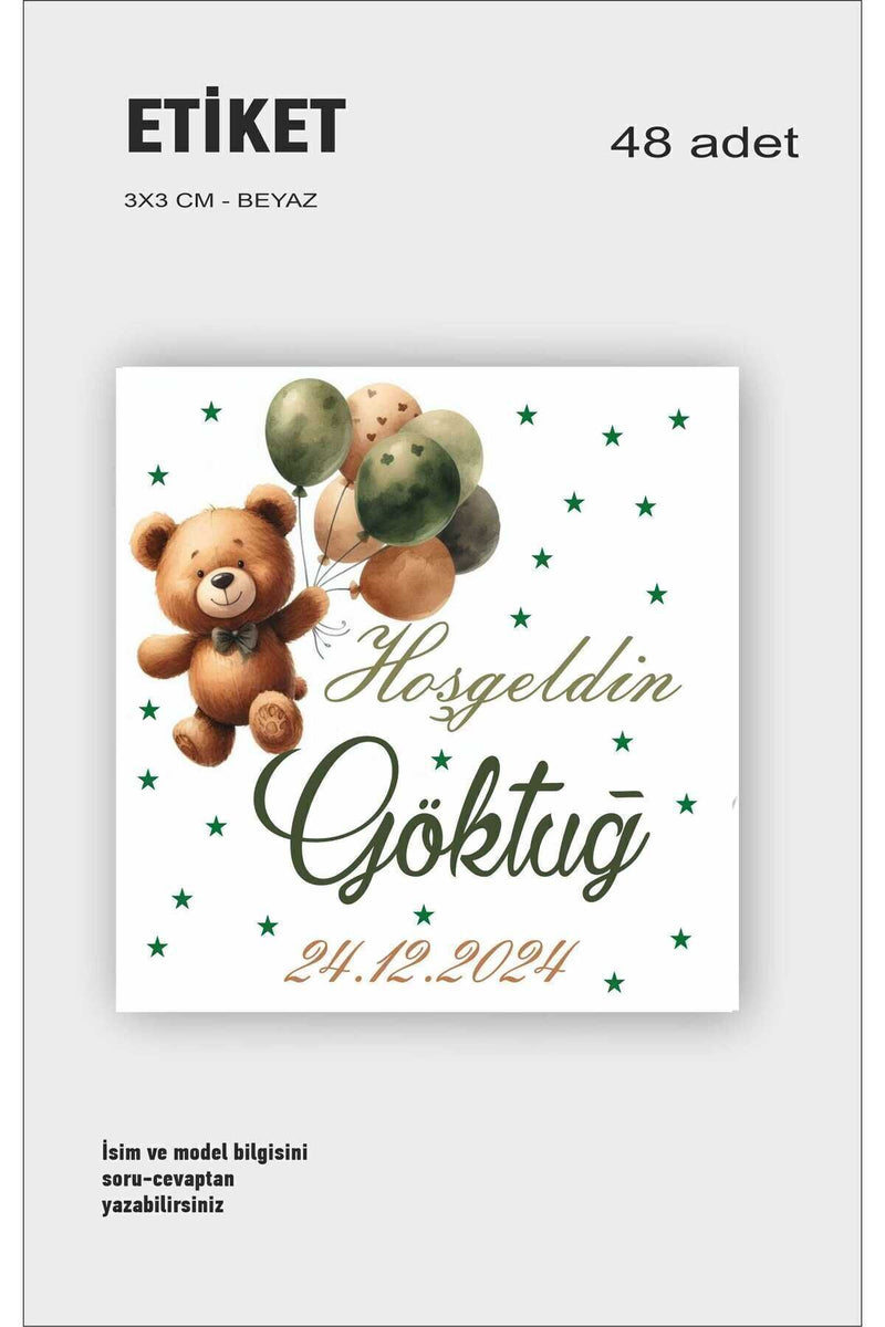 İsme Özel Doğum Günü Babyshower Hoşgeldin Bebek Etiketi 3cm 48 Adet Etiket