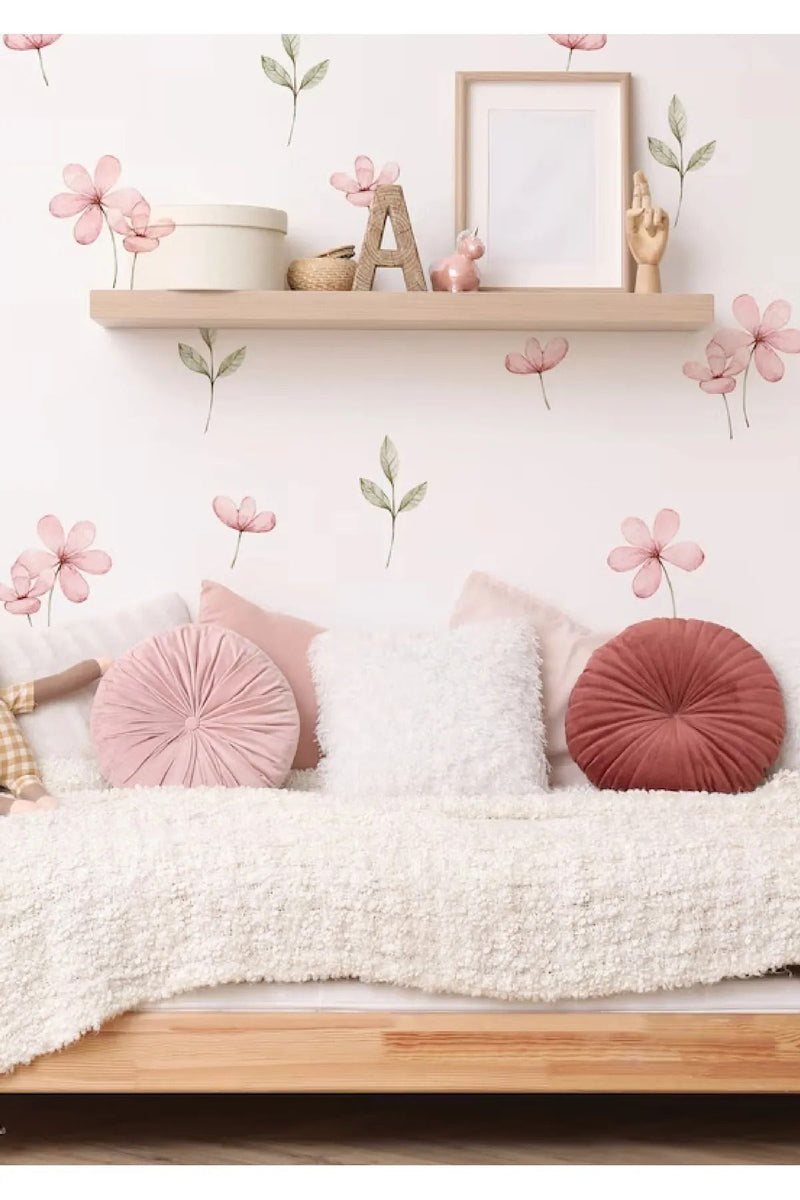 Pembe Çayır Çiçekleri Ve Yapraklar Duvar Sticker Seti