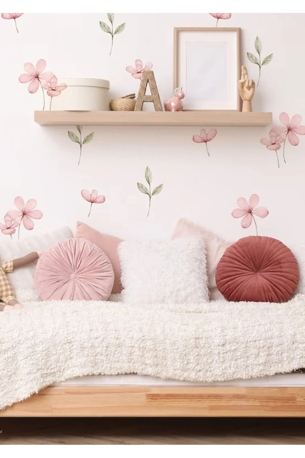 Pembe Çayır Çiçekleri Ve Yapraklar Duvar Sticker Seti