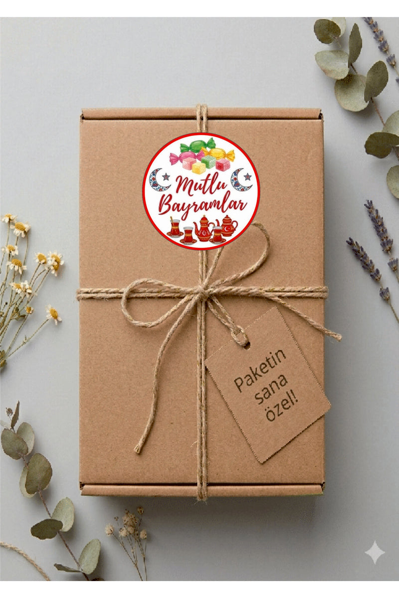 Mutlu Bayramlar yazılı, Paketleme Kutularına Özel Tasarım Etiketler 4 cm Çapında 15 Adet Etiket
