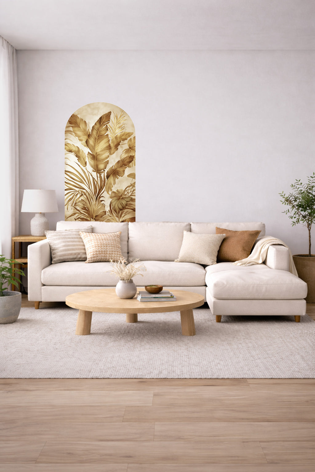 Soft Renk Oval Tropikal Yapraklar Arch Duvar Sticker Seti