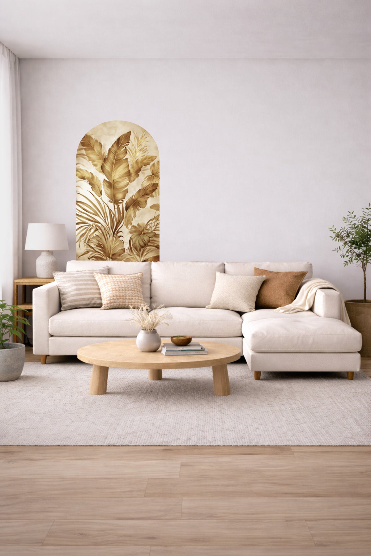 Soft Renk Oval Tropikal Yapraklar Arch Duvar Sticker Seti