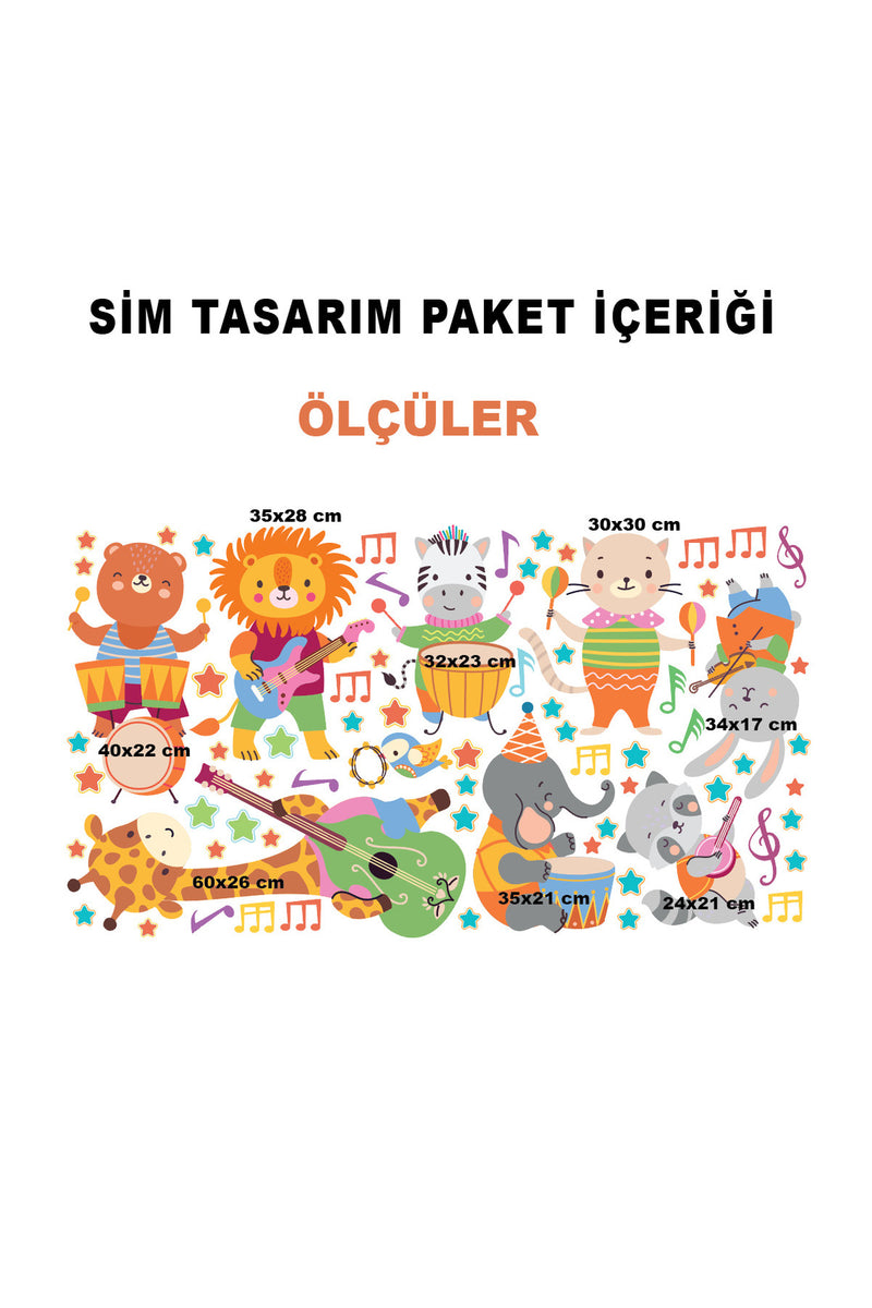 Müzisyen Hayvanlar Anaokulu Okul Çocuk Odası Kreş Duvar Kapı Cam Sticker Seti