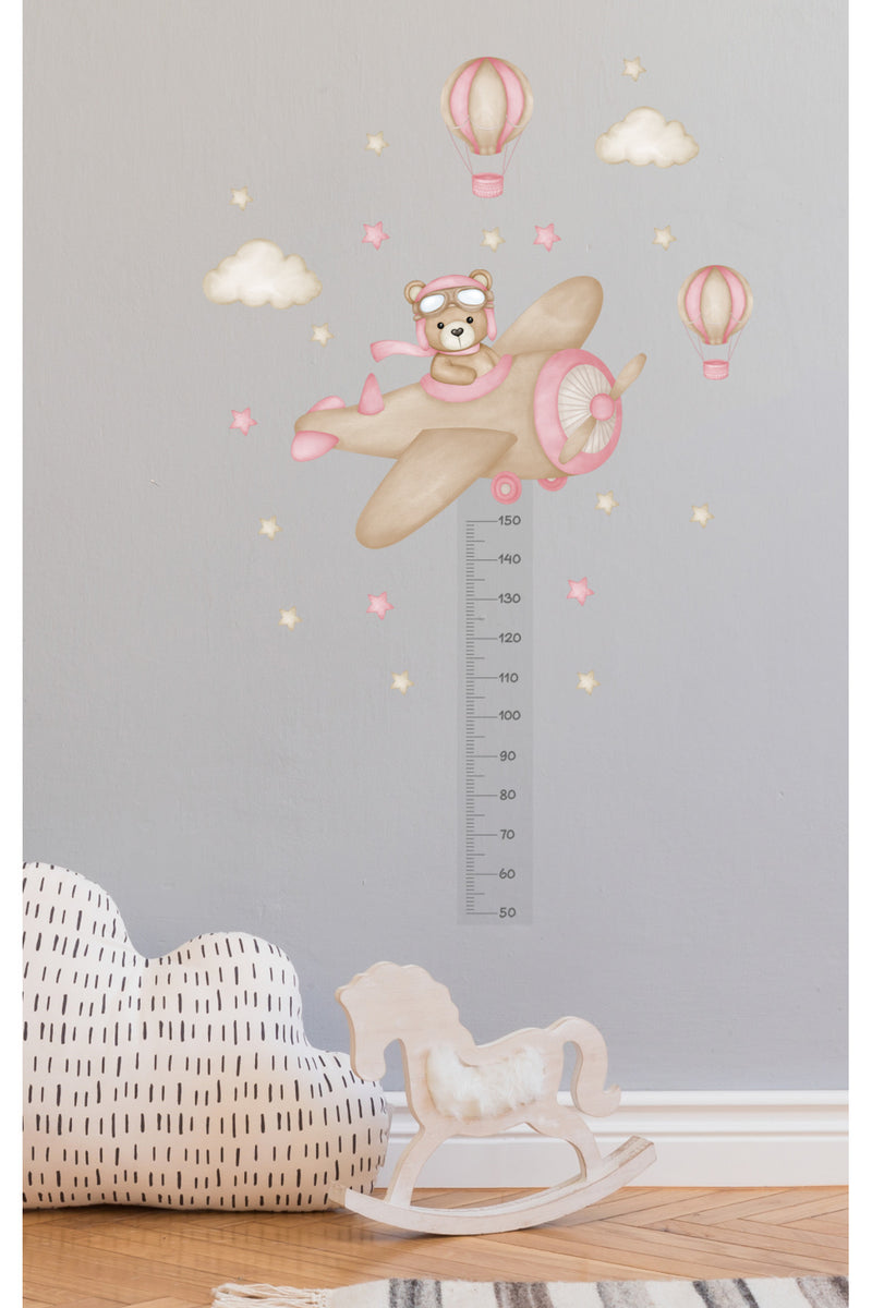 Boy Ölçer Pembe Pilot Ayıcık Hava balonları Çocuk Odası Duvar Sticker