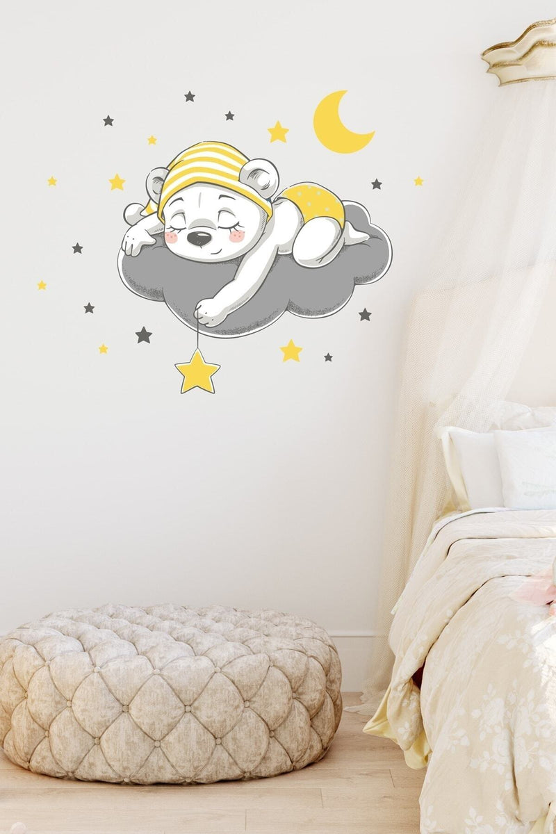 Bulutta Uyuyan Sevimli Şapkalı Ayıcık Duvar Sticker Seti