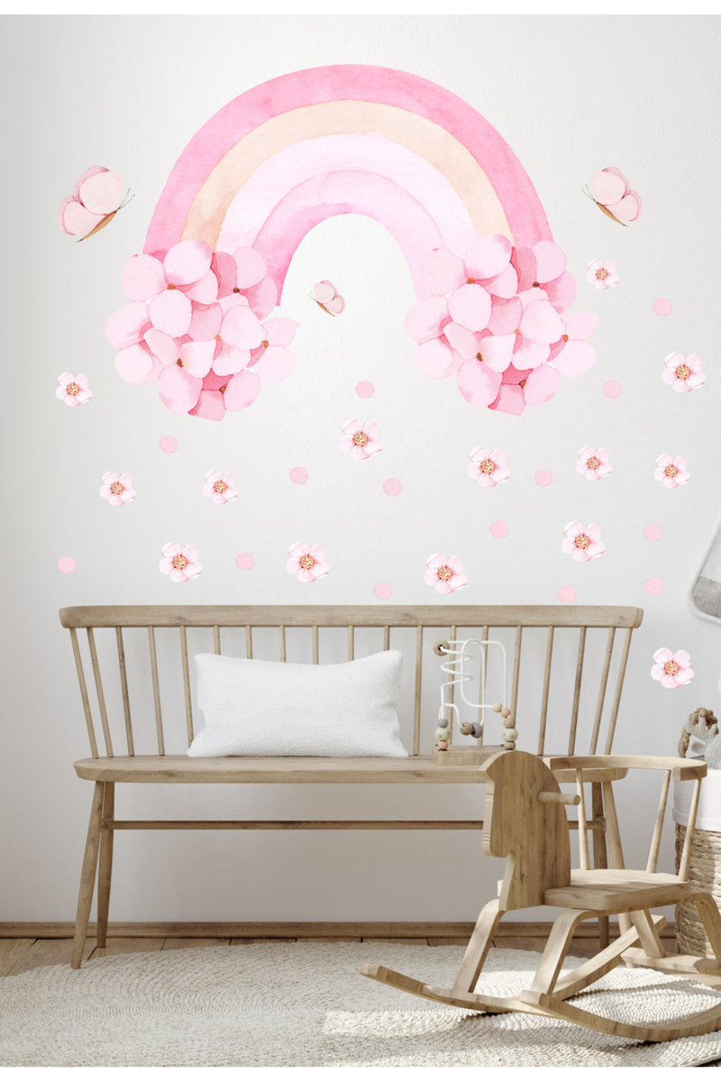 Pembe Çiçekli Gökkuşağı Çiçekler ve Kelebekler Kız Çocuk Odası Duvar Sticker Seti