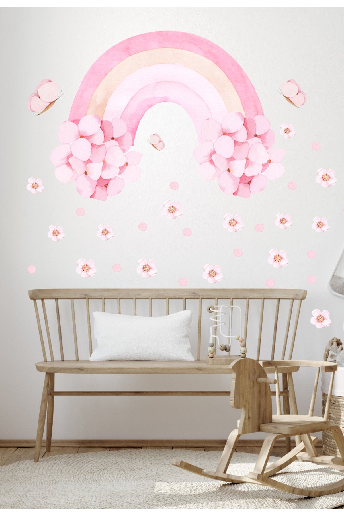 Pembe Çiçekli Gökkuşağı Çiçekler ve Kelebekler Kız Çocuk Odası Duvar Sticker Seti
