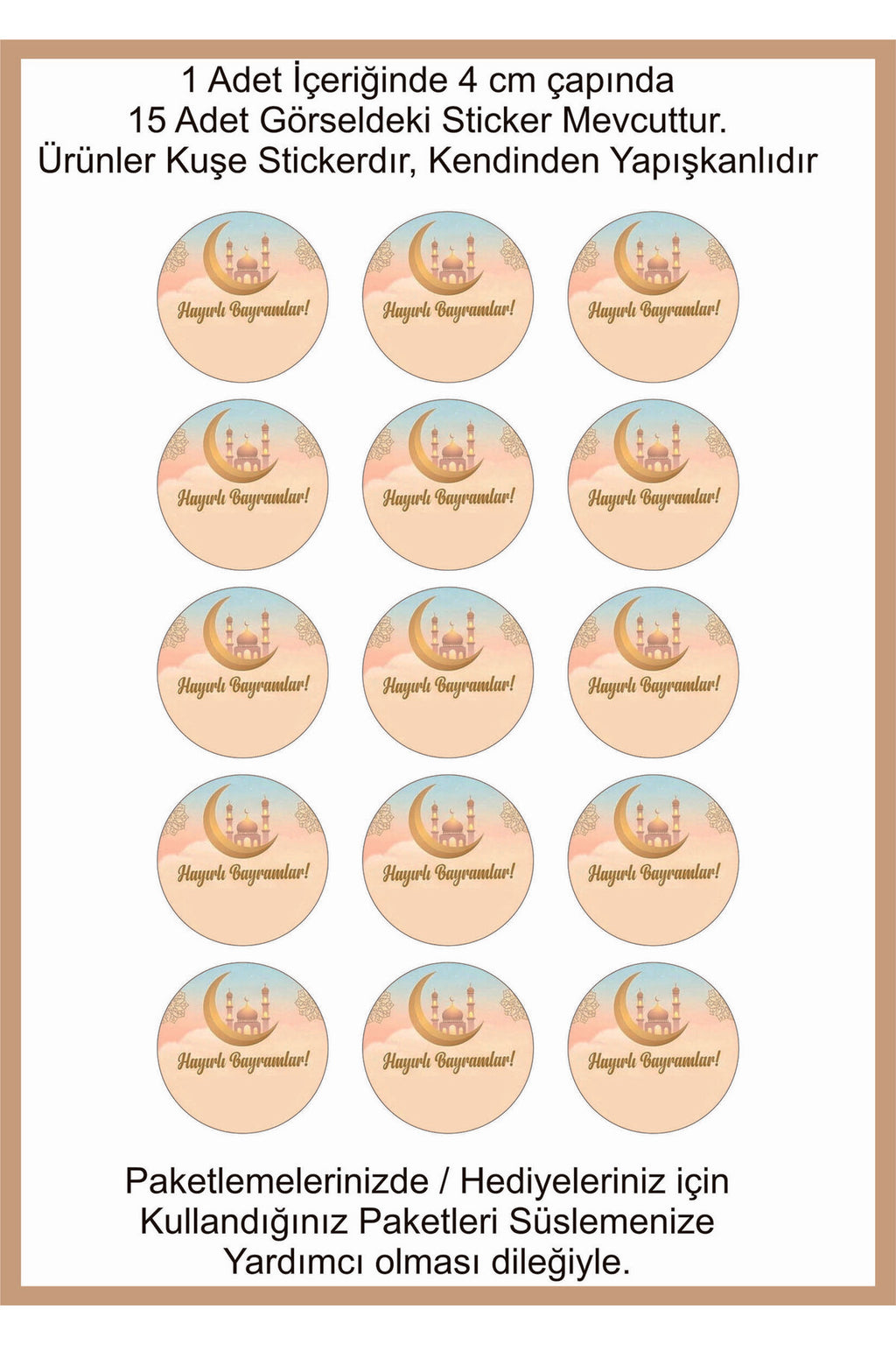 Hayırlı Bayramlar yazılı, Paketleme Kutularına Özel Tasarım Etiketler 4 cm Çapında 15 Adet Etiket