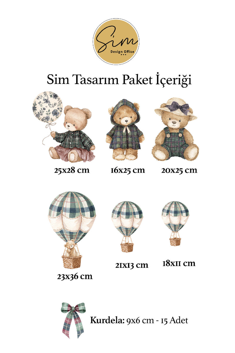 Nostaljik Kış Tema Havabalonlu Ayıcıklar ve Kurdeleler Duvar Sticker Seti