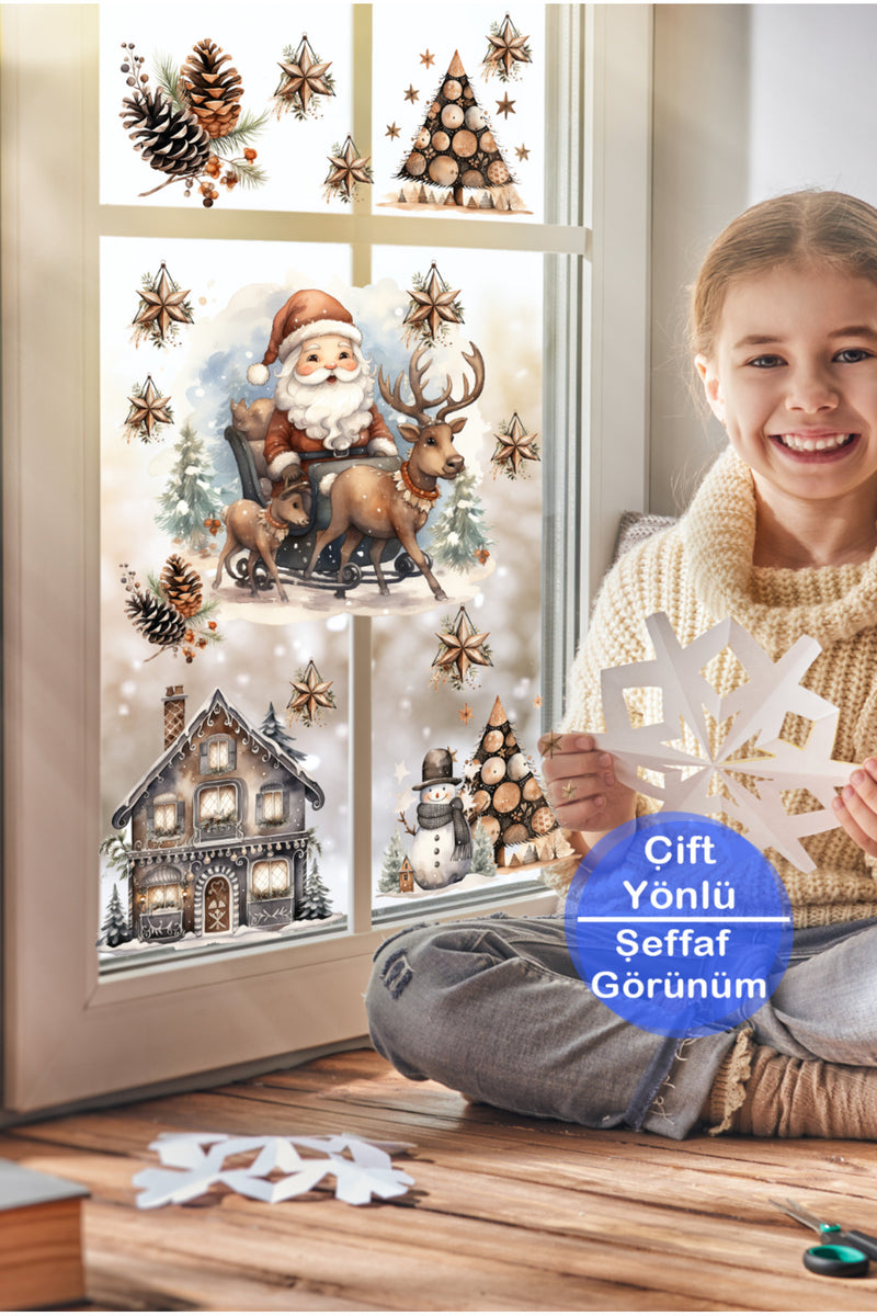 Yılbaşı Retro Nostaljik Kış Temalı Yeniyıl Dekoratif Cam Sticker Set