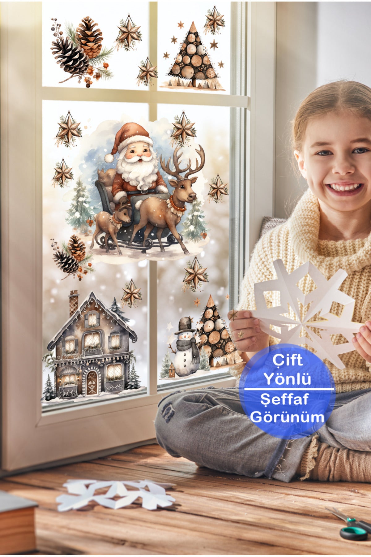 Yılbaşı Retro Nostaljik Kış Temalı Yeniyıl Dekoratif Cam Sticker Set