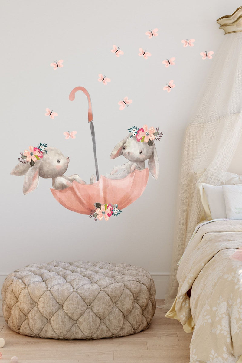 Pembe Şemsiyeli Sevimli Tavşanlar 50 Cm Duvar Sticker Seti