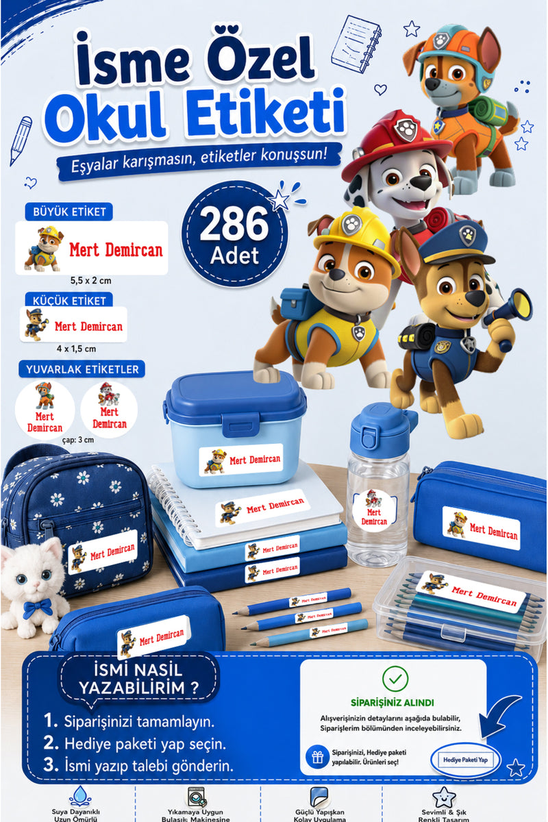 Okul Etiketi Paw Patrol Kalem Defter Etiketi Özel İsim Yazılabilen Etiket 286 Adet İsim Etiketi
