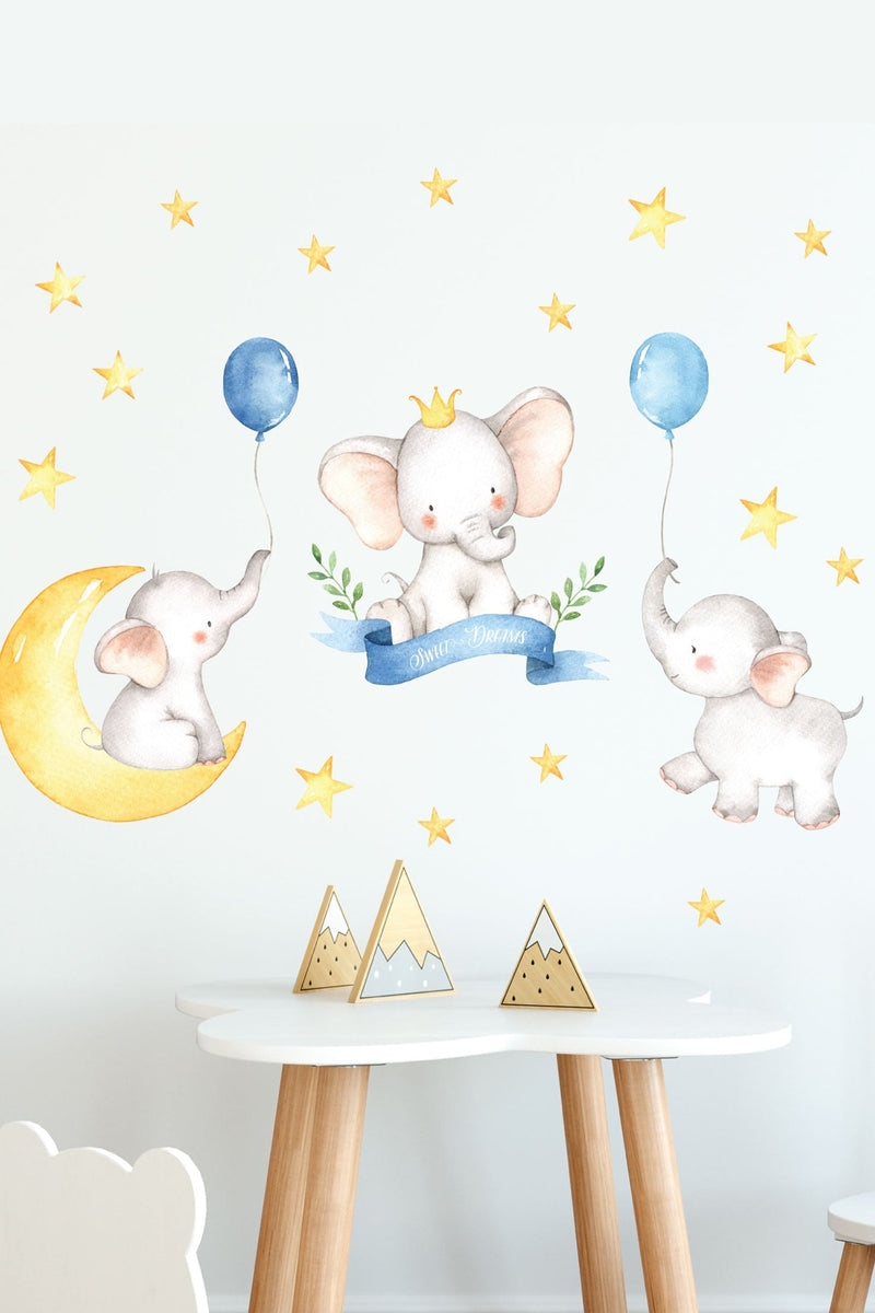 Mavi Balonlu Üçlü Filler Ve Sarı Yıldızlar Çocuk Odası Duvar Sticker Seti - Sim624