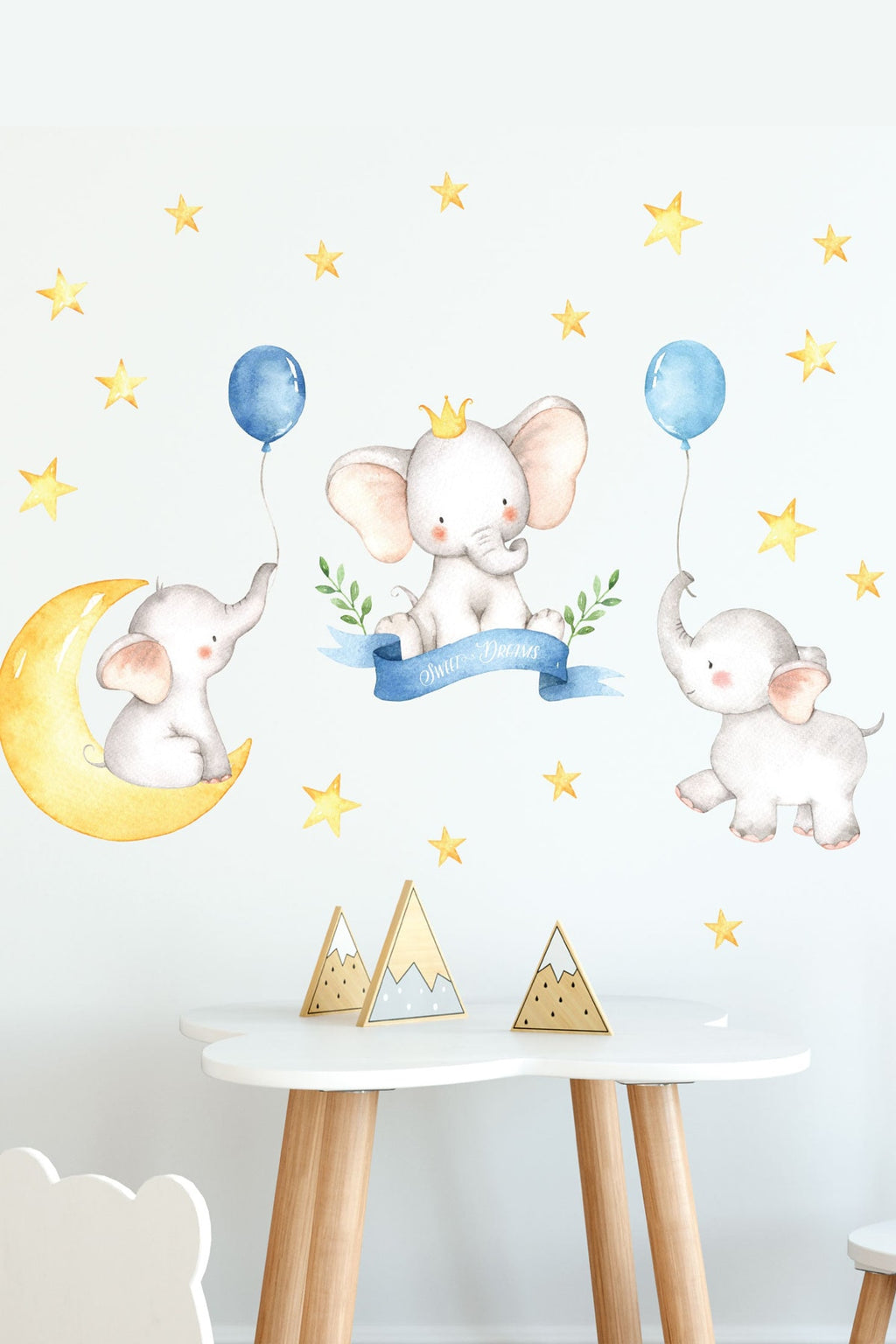 Mavi Balonlu Üçlü Filler Ve Sarı Yıldızlar Çocuk Odası Duvar Sticker Seti - Sim624