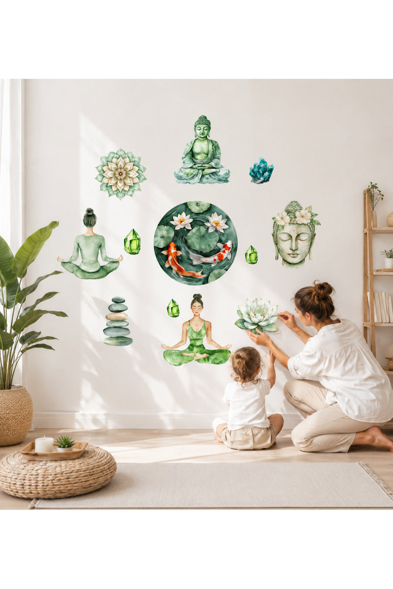 Zen Yoga Stüdyo Duvar Sticker Seti Mandala Lotus Kristal Budha Dekor Etiket Seti