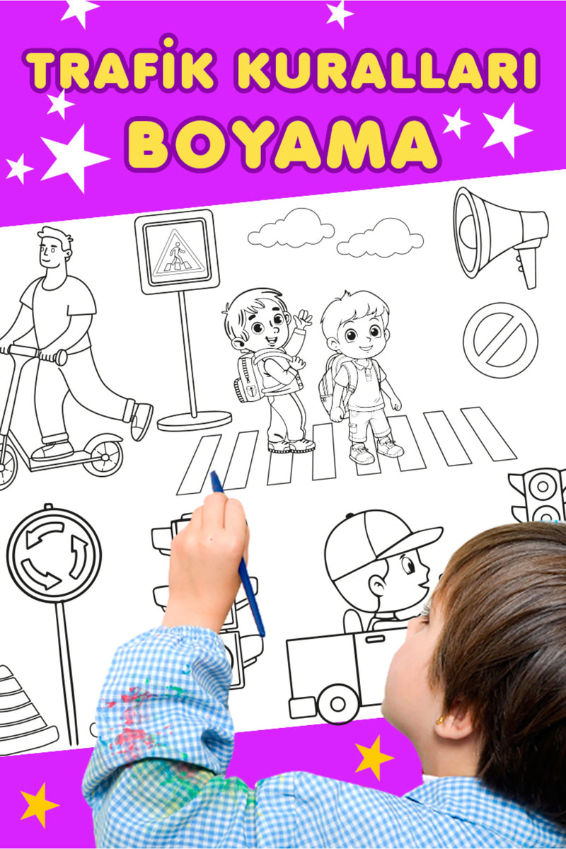 Sim Kids - Trafik Kurallarını  Öğreniyorum Temalı Dev Boyama Aktivite Kağıdı - 2 Metre