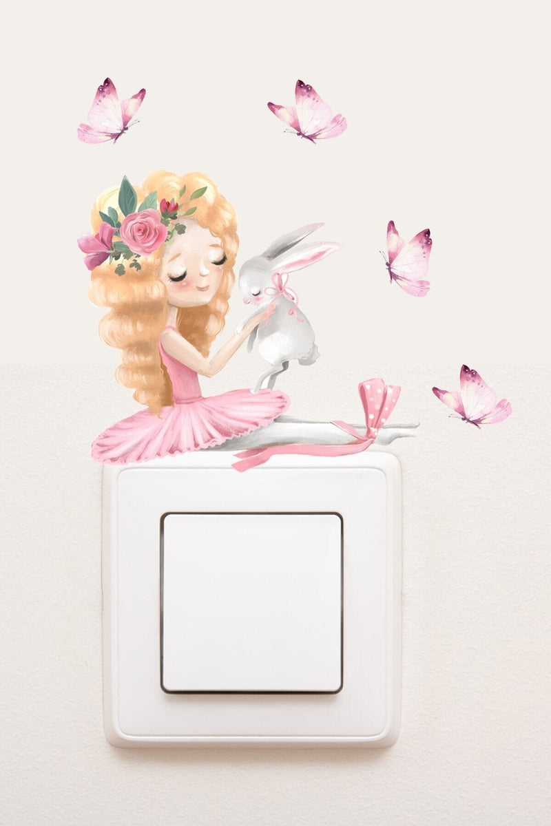 Priz - Tavşan Ve Balerin Pembe Kelebekler Dekoratif Priz Sticker - Sim762