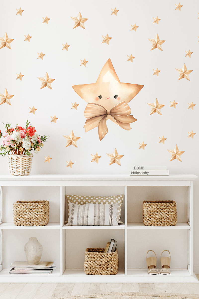 -Papyonlu Yıldız Boho Tarz Suluboya Yıldızlar Bebek Odası Duvar Sticker Seti