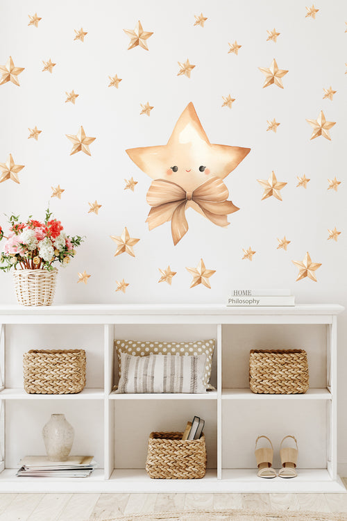-Papyonlu Yıldız Boho Tarz Suluboya Yıldızlar Bebek Odası Duvar Sticker Seti