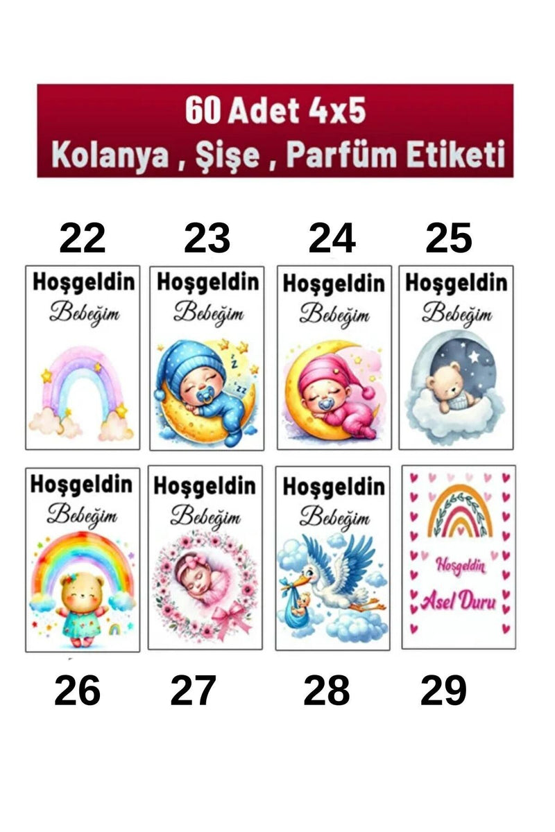 Kişiye Özel Kolonya ve Çikolata Etiketleri - Baby Shower Sticker (4x5 cm, 60Adet)