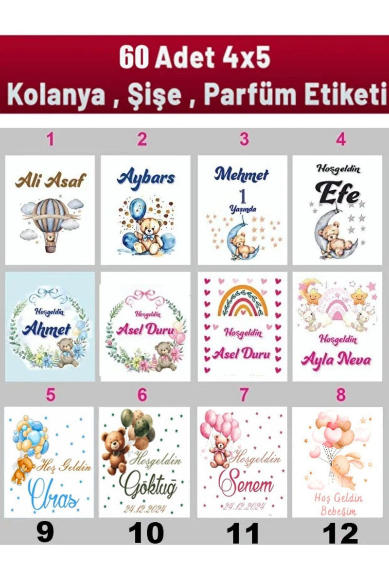 Kişiye Özel Kolonya ve Çikolata Etiketleri - Baby Shower Sticker (4x5 cm, 60Adet)