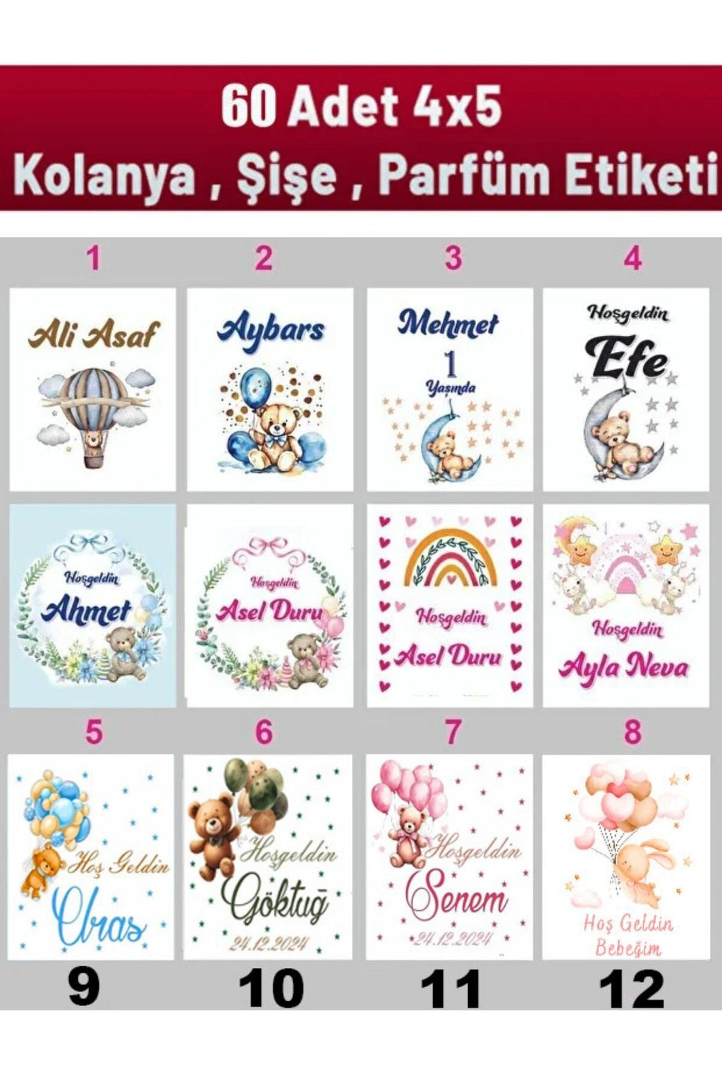 Kişiye Özel Kolonya ve Çikolata Etiketleri - Baby Shower Sticker (4x5 cm, 60Adet)