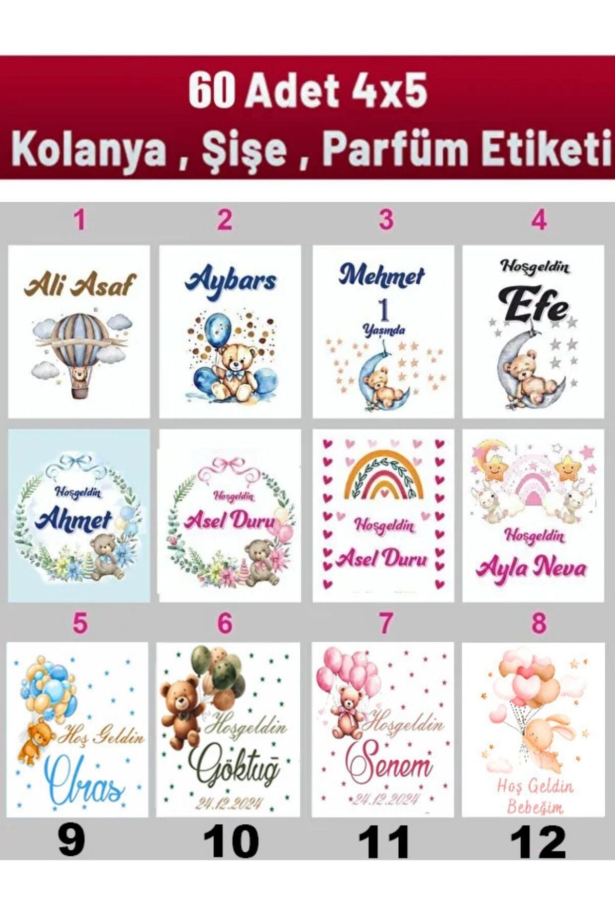 Kişiye Özel Kolonya ve Çikolata Etiketleri - Baby Shower Sticker (4x5 cm, 60Adet)