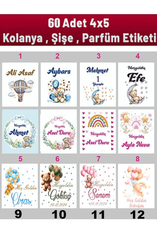 Kişiye Özel Kolonya ve Çikolata Etiketleri - Baby Shower Sticker (4x5 cm, 60Adet)