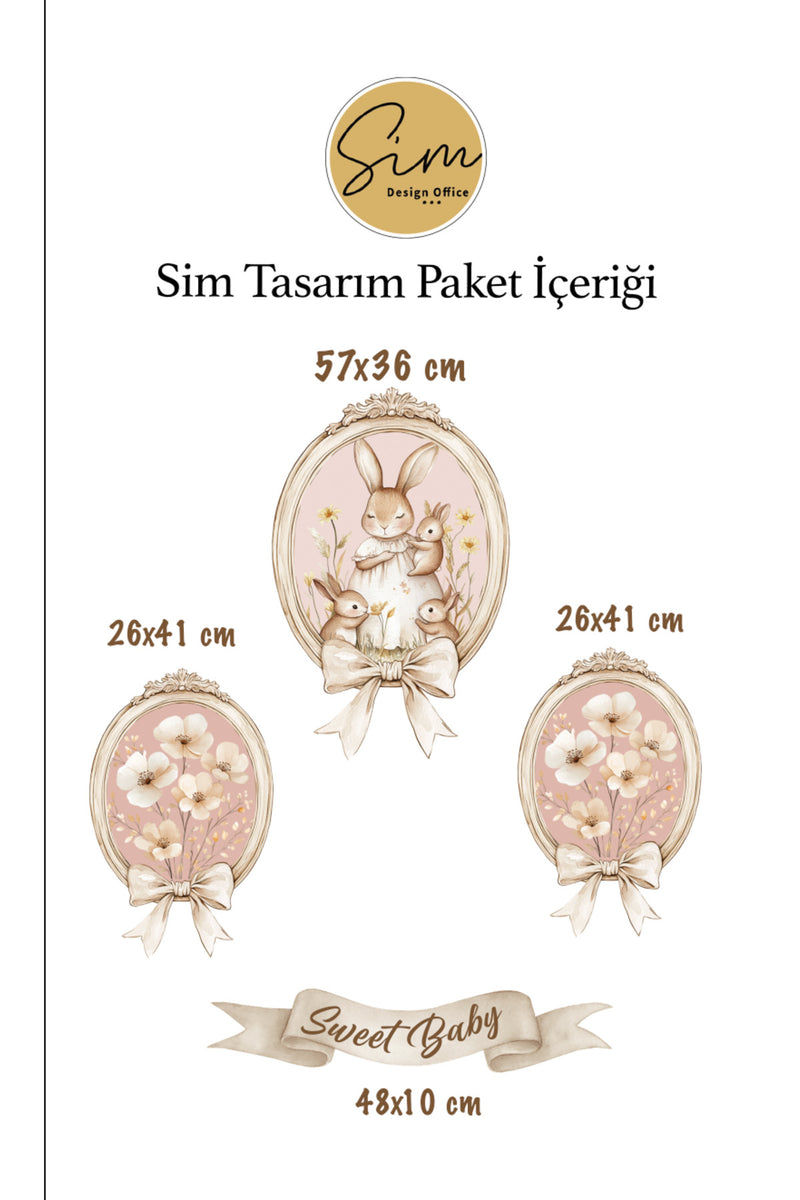 Vintage Çerçeve Görünümlü Sevimli Tavşan Ailesi ve Çiçekler Dekoratif Duvar Sticker Seti