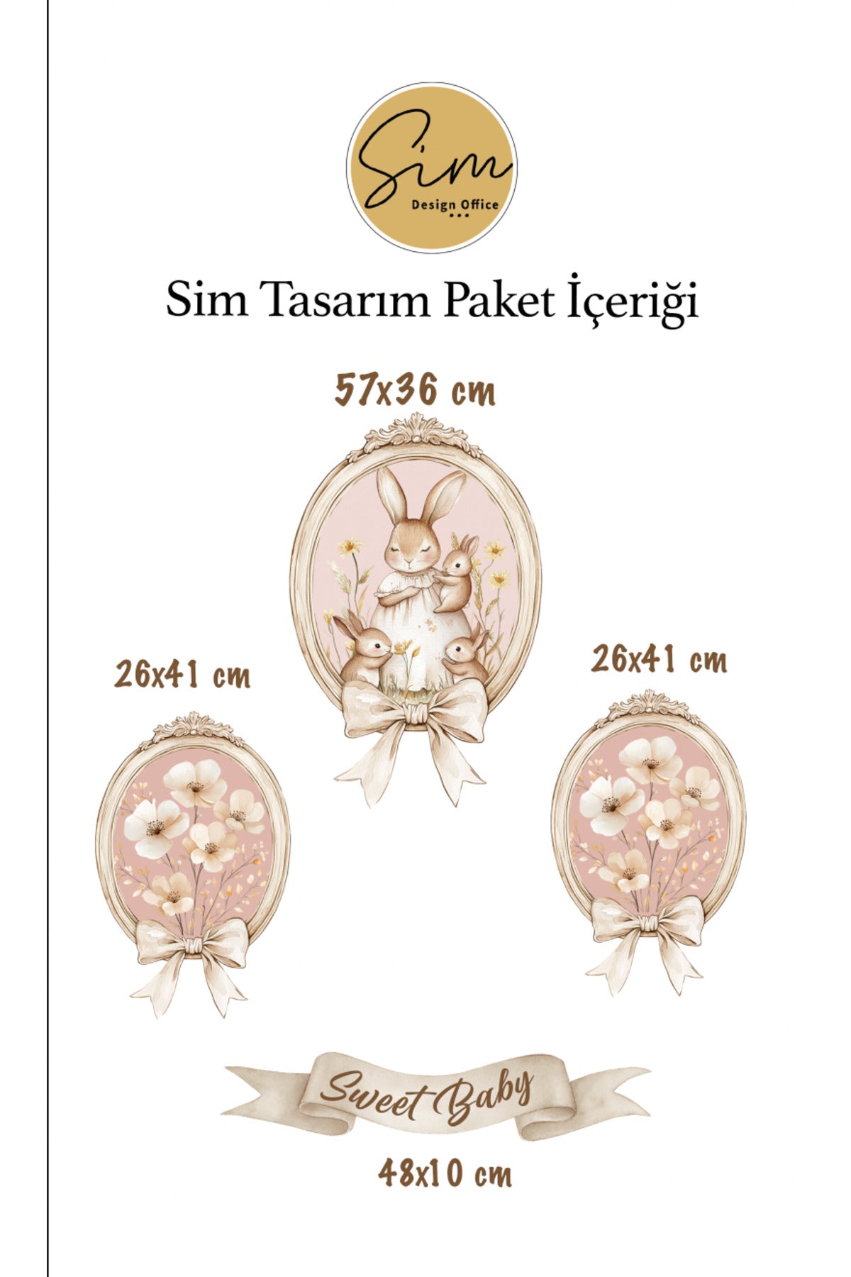 Vintage Çerçeve Görünümlü Sevimli Tavşan Ailesi ve Çiçekler Dekoratif Duvar Sticker Seti